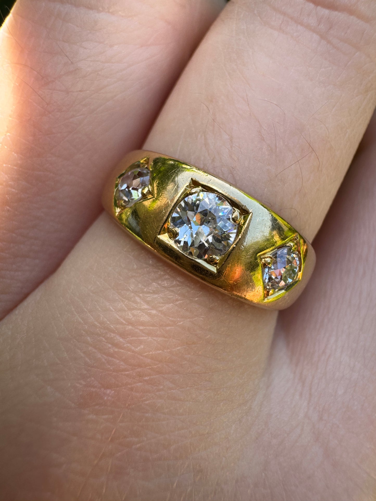 Vintage 18ct yellow gold three stone 0.7ct TCW old European cut and old mine cut diamond gypsy ring