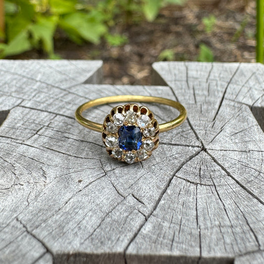 Vintage 18ct yellow gold 0.2ct old cushion cut natural sapphire and 0.3ct TCW old mine cut diamond cluster ring