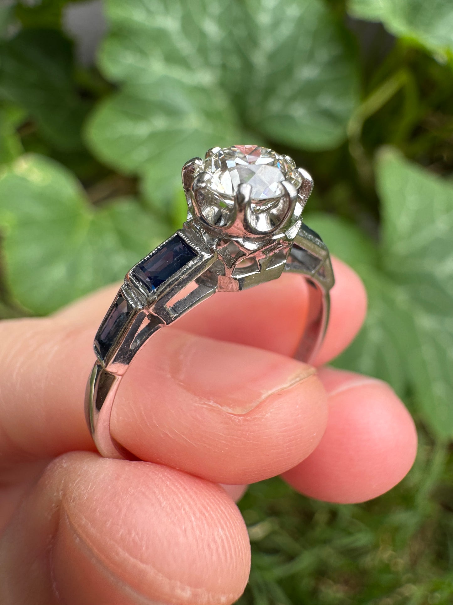 Antique 18ct white gold 0.87ct old European cut diamond and 0.5ct TCW baguette cut natural sapphire ring