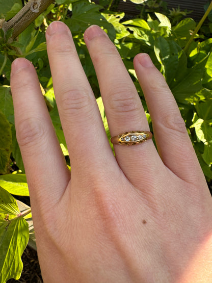 Antique 18ct yellow gold five stone mixed old cut diamond boat ring