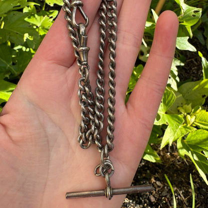 Antique sterling silver watch chain with two dog clips and t-bar, 35cm / 13.8 inches long