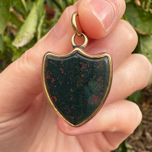 Antique 9ct yellow gold bloodstone shield locket pendant