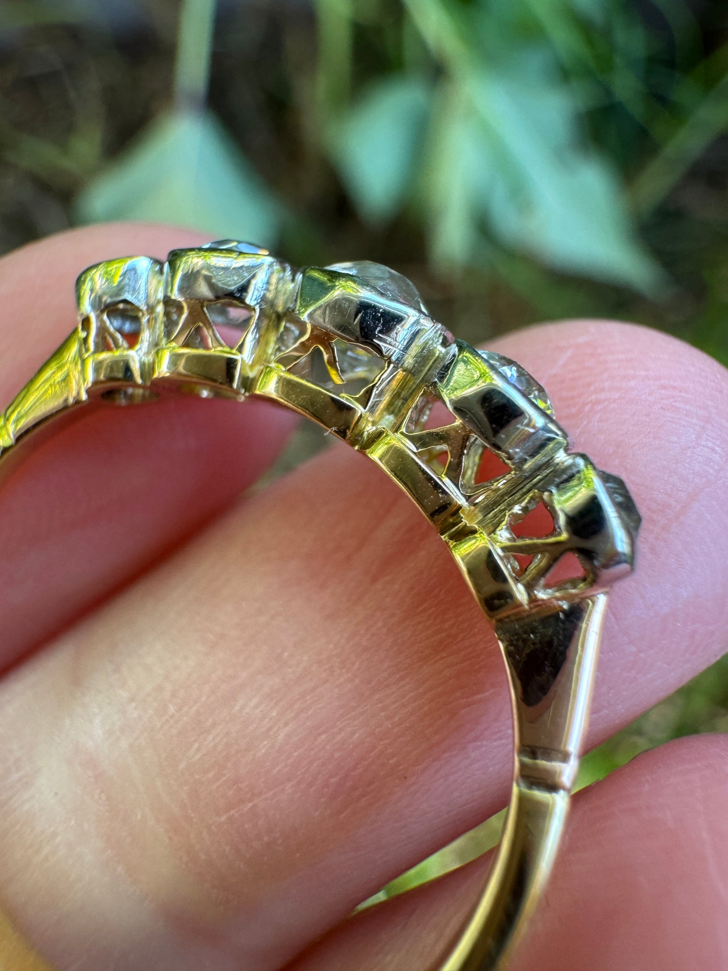 Vintage 18ct yellow gold and platinum five stone 0.69ct TCW old mine cut diamond bezel set ring