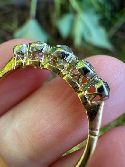 Vintage 18ct yellow gold and platinum five stone 0.69ct TCW old mine cut diamond bezel set ring