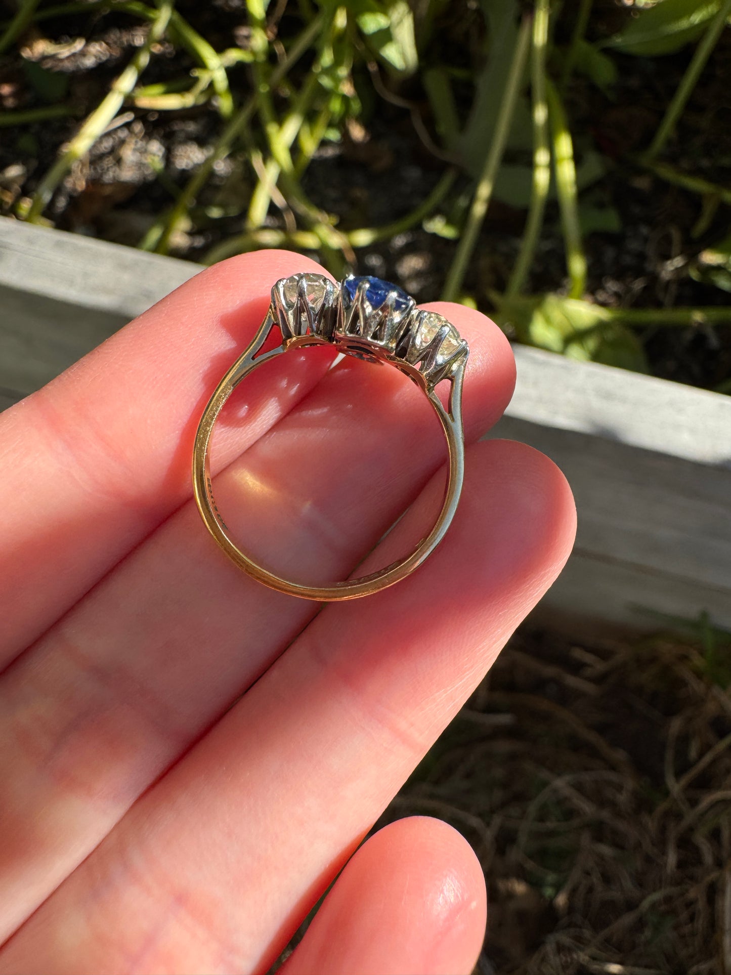 Antique 18ct yellow gold and platinum 1.12ct TCW natural sapphire and 0.8ct TCW old mine cut diamond ring