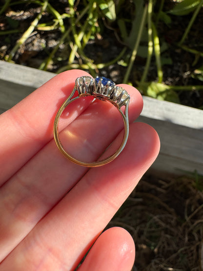Antique 18ct yellow gold and platinum 1.12ct TCW natural sapphire and 0.8ct TCW old mine cut diamond ring