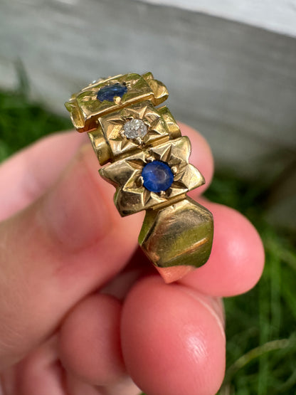 Vintage 18ct yellow gold five stone old cut sapphire and diamond starset gypsy ring