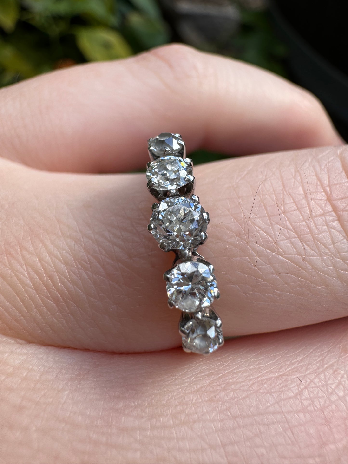 Antique English 18ct gold old cut diamond five stone ring