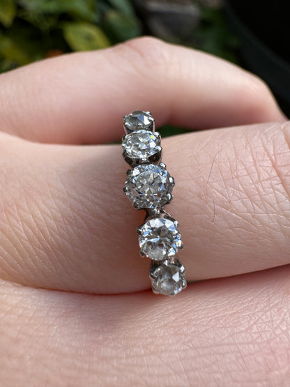 Antique English 18ct gold old cut diamond five stone ring