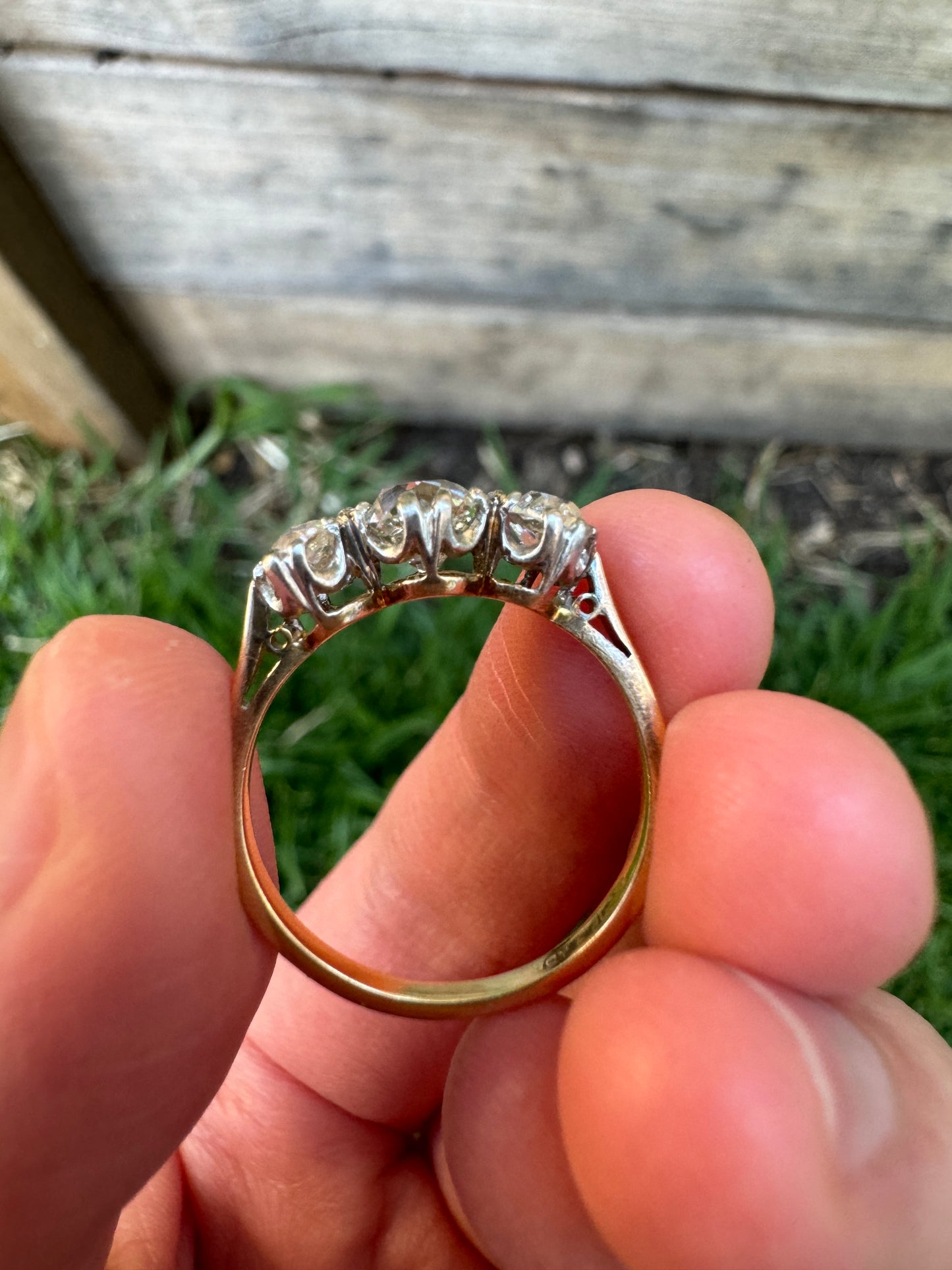 Vintage 18ct yellow gold and platinum 1.2ct TCW three stone old mine cut diamond ring