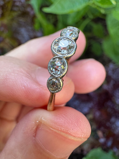 Antique 18ct yellow gold five stone 0.5ct TCW old mine cut diamond bezel set ring