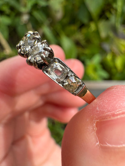 Antique 18ct gold old mine cut diamond trilogy ring