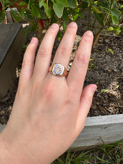 Antique English 9ct rosy yellow gold 0.15ct old European cut diamond starset shield signet ring