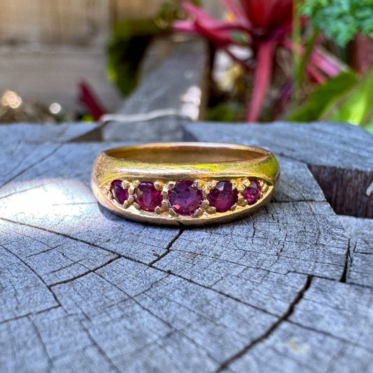Vintage 18ct yellow gold five stone ruby boat ring