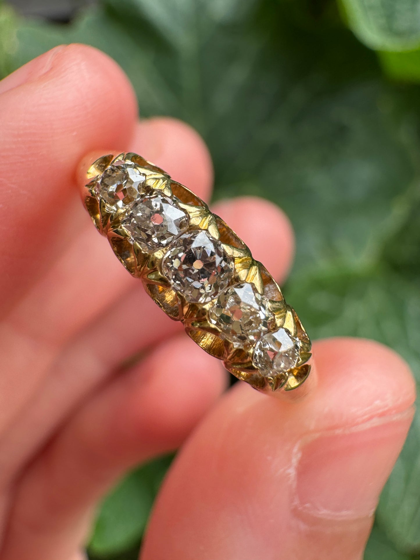 Antique English 18ct yellow gold five stone 0.3ct TCW old mine cut diamond ring