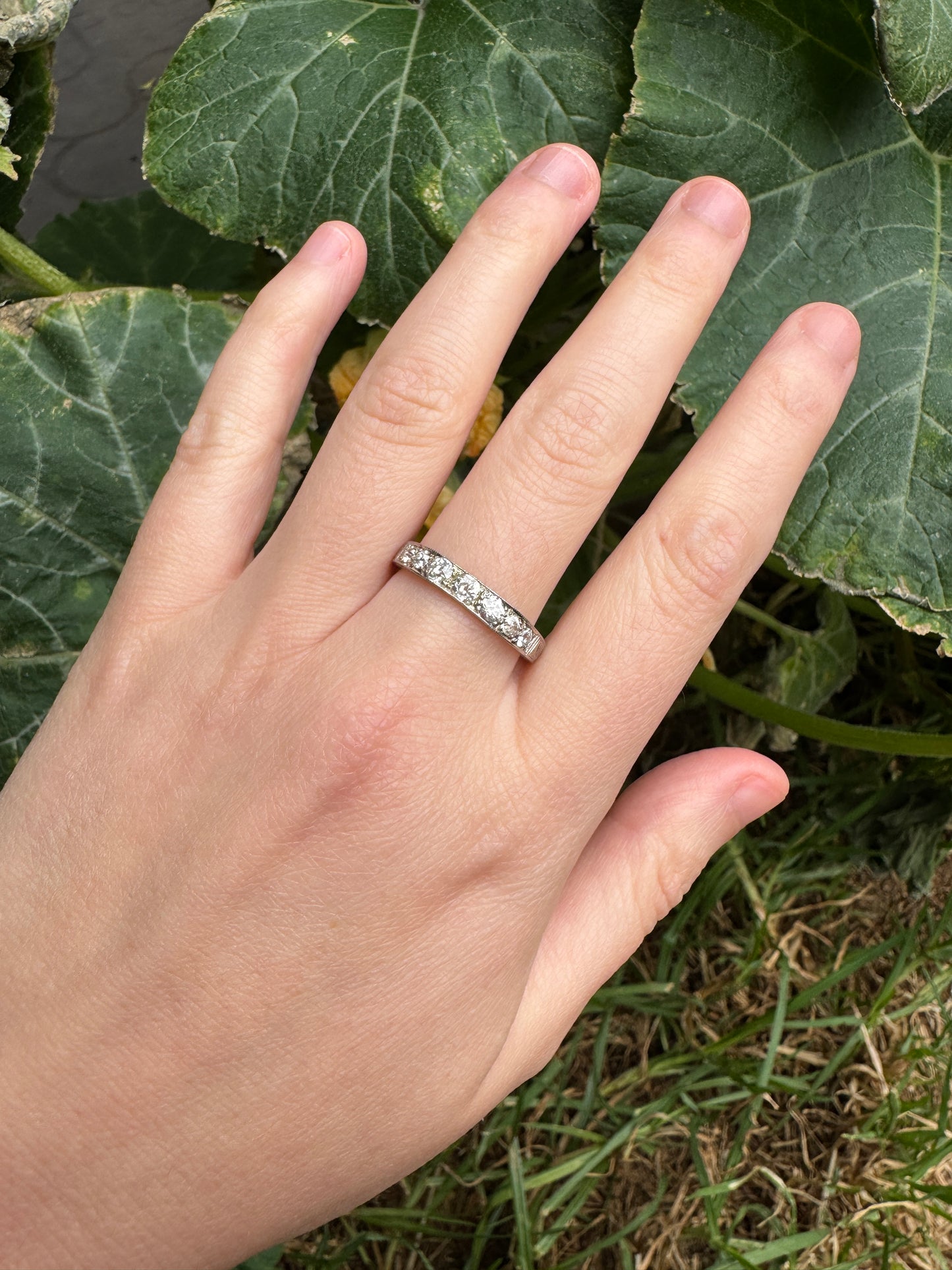 Vintage platinum 0.7ct TCW old mine cut diamond engraved half eternity ring