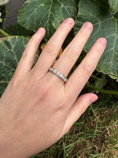 Vintage platinum 0.7ct TCW old mine cut diamond engraved half eternity ring