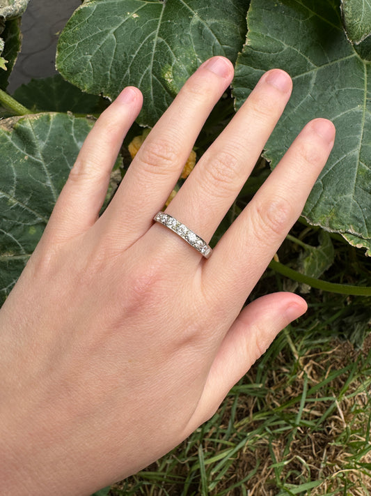 Vintage platinum 0.7ct TCW old mine cut diamond engraved half eternity ring