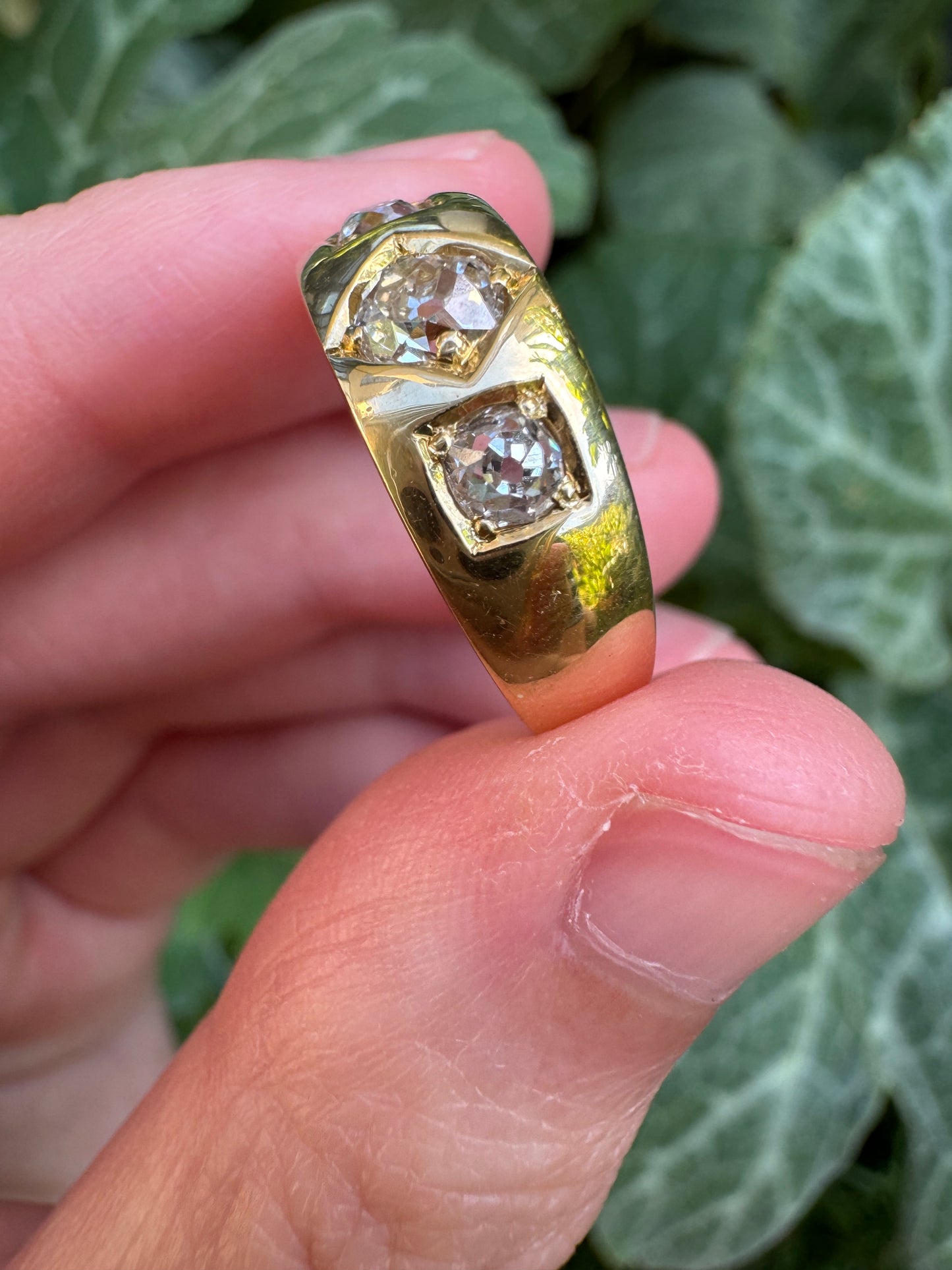 Antique 18ct yellow gold three stone 0.68ct TCW old mine cut diamond gypsy ring