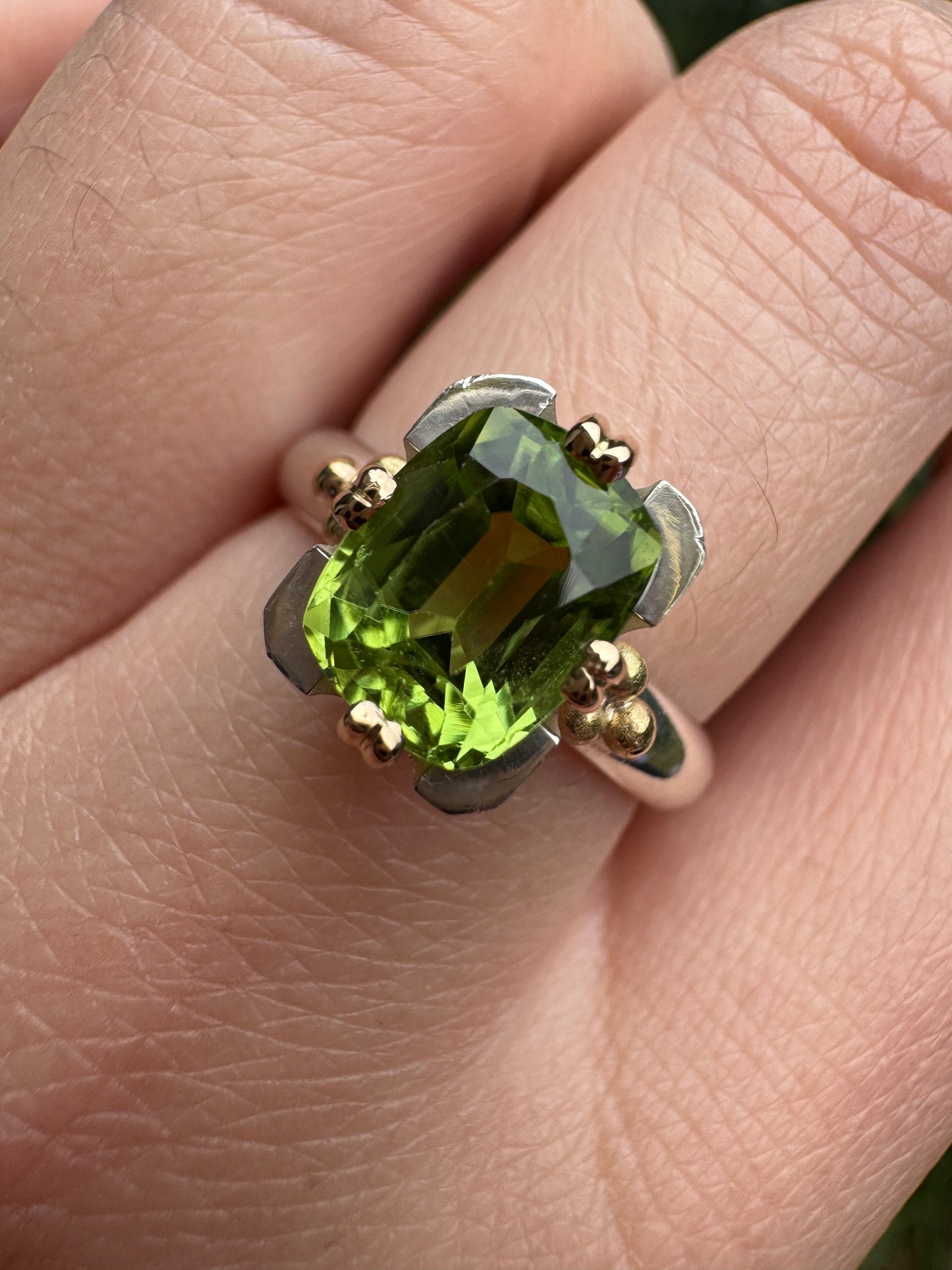 Custom handmade sterling silver and recycled 18ct yellow gold 2.54ct peridot ring