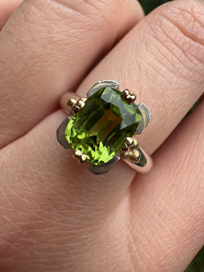 Custom handmade sterling silver and recycled 18ct yellow gold 2.54ct peridot ring