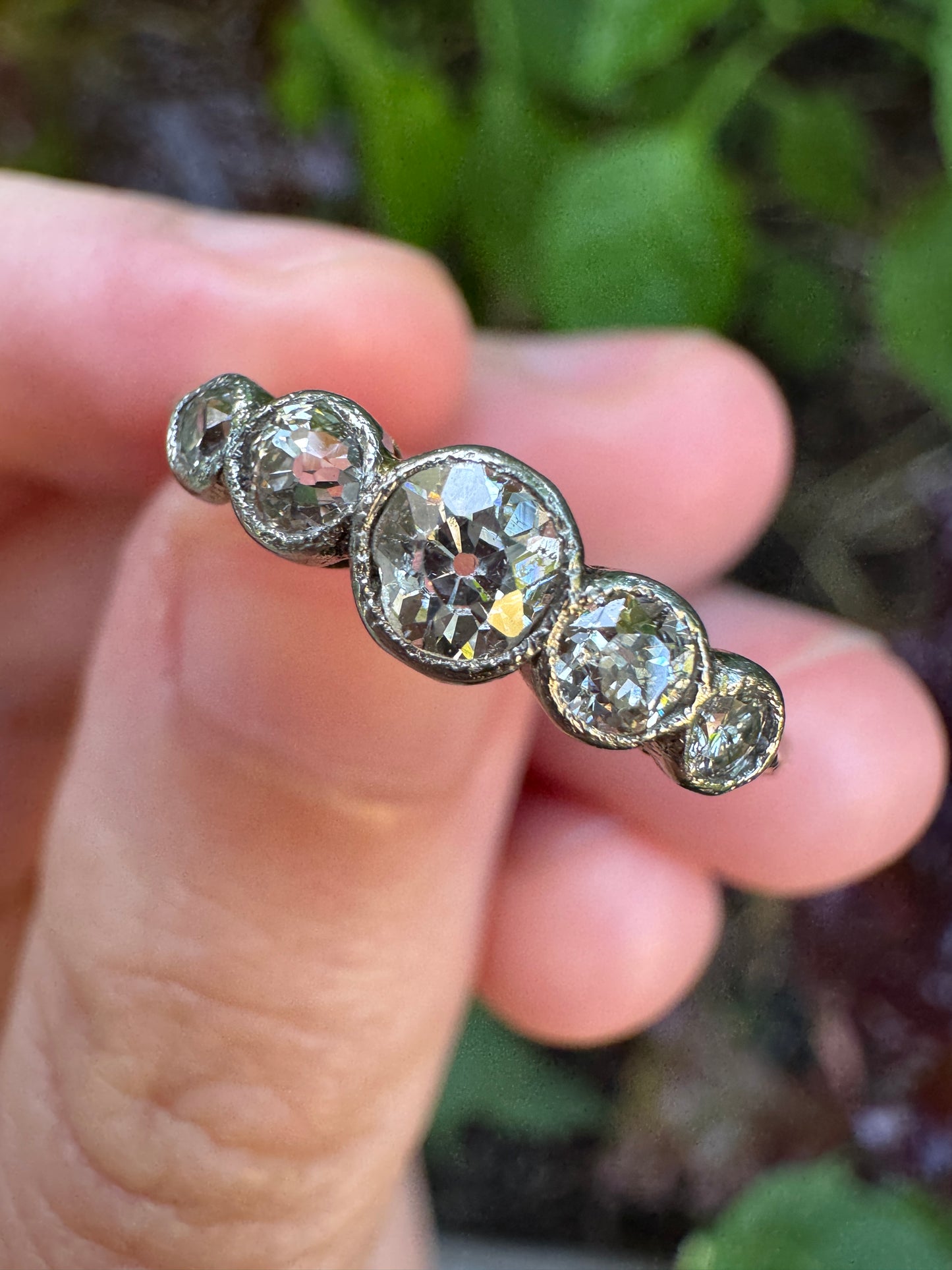 Antique 18ct yellow gold five stone 0.5ct TCW old mine cut diamond bezel set ring