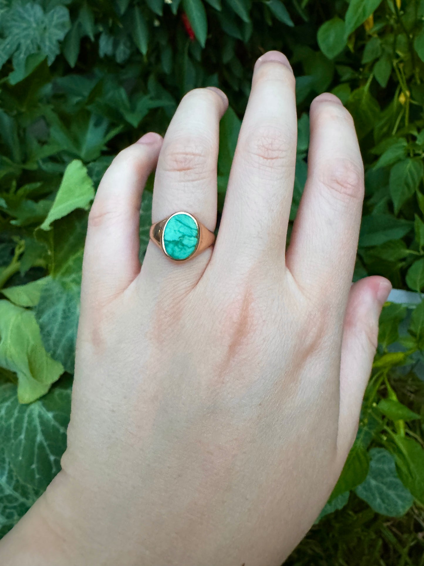 Antique Australian 9ct rosy yellow gold turquoise signet ring