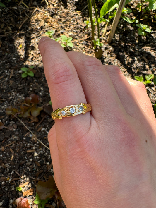 Antique 22ct yellow gold three stone 0.25ct TCW transitional cut diamond starset gypsy ring