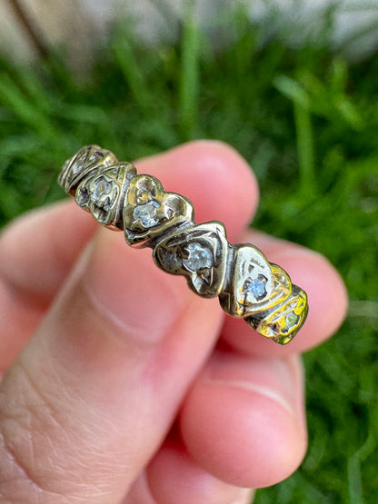 Vintage 9ct yellow gold diamond heart half hoop ring