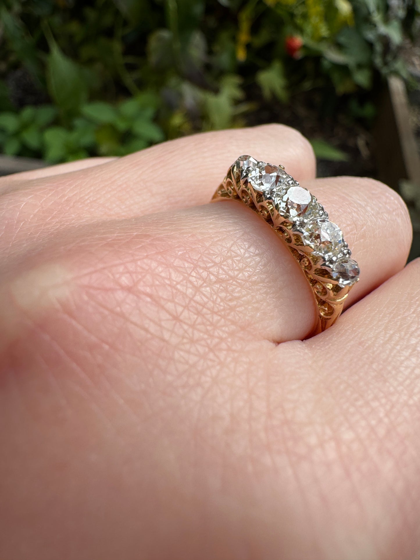 Antique 18ct gold old mine cut diamond five stone ring