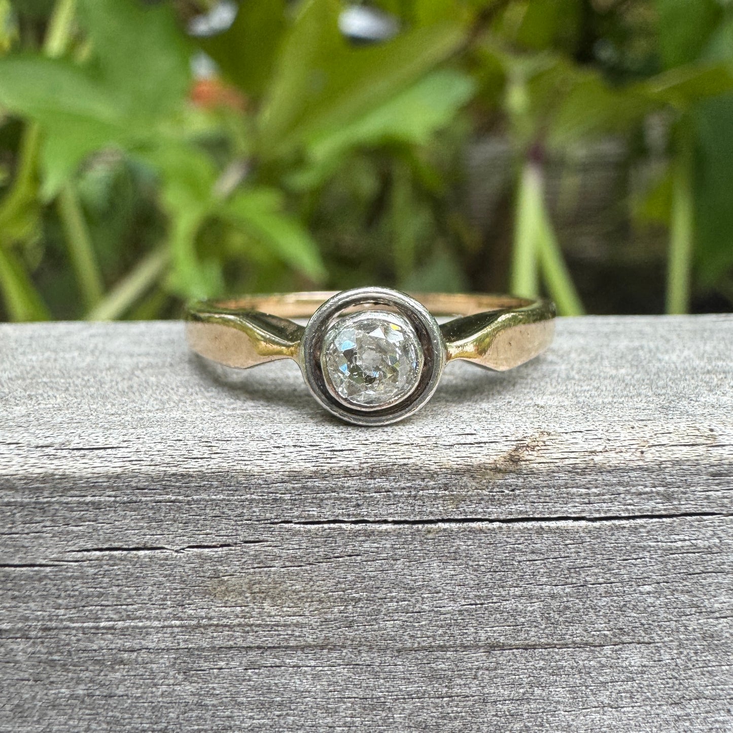 Vintage 14ct yellow gold 0.19ct old mine cut diamond target solitaire ring