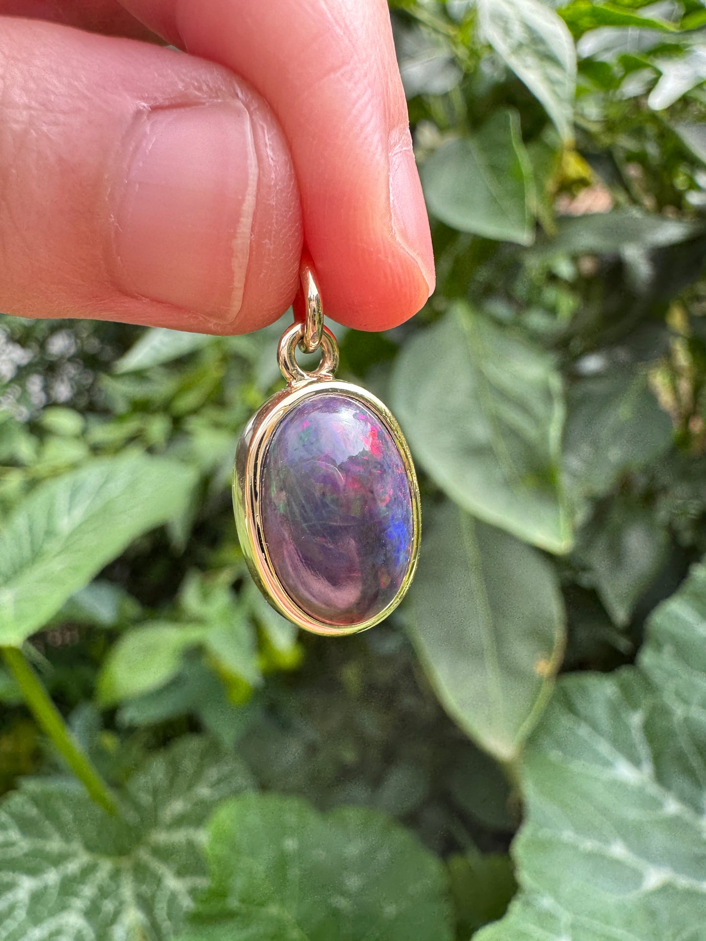 Custom handmade recycled 9ct yellow gold 3.01ct dark opal cabochon bezel set pendant