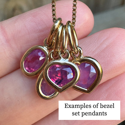 Custom handmade recycled 9ct yellow gold 0.2ct rhodolite garnet pendant