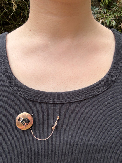 Antique 9ct rose gold enamel cat brooch with safety chain