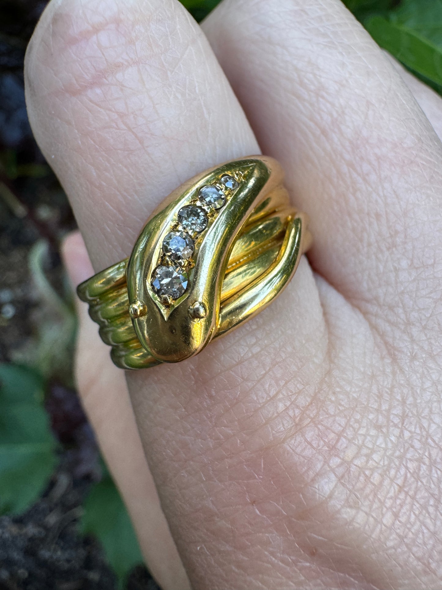 Antique 18ct yellow gold 0.15ct TCW old mine cut and single cut diamond snake ring