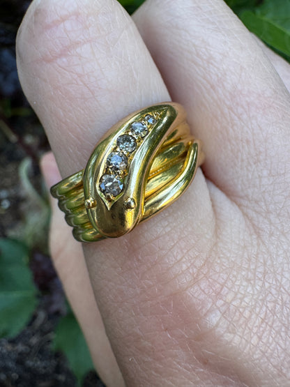 Antique 18ct yellow gold 0.15ct TCW old mine cut and single cut diamond snake ring