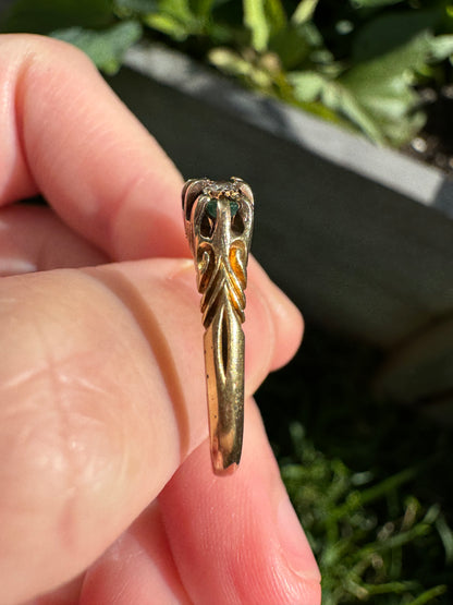 Antique Edwardian 18ct yellow gold five stone emerald and old mine cut diamond half hoop ring
