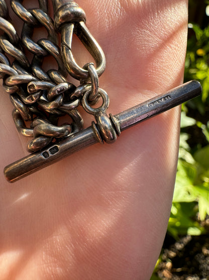 Antique sterling silver watch chain with dog clip and t-bar, 38cm / 15 inches long