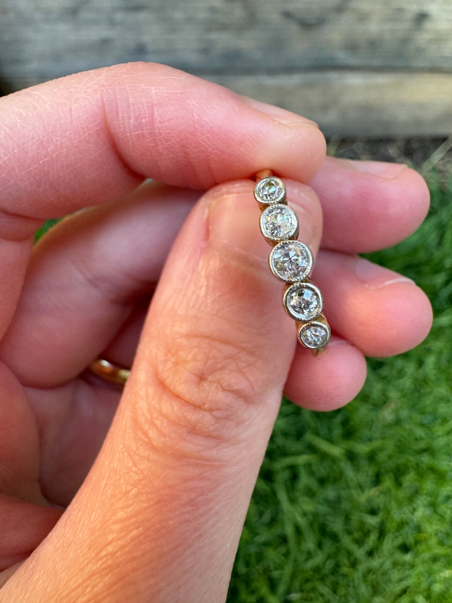 Vintage 18ct yellow gold and platinum 0.22ct TCW five stone bezel set old European cut diamond ring