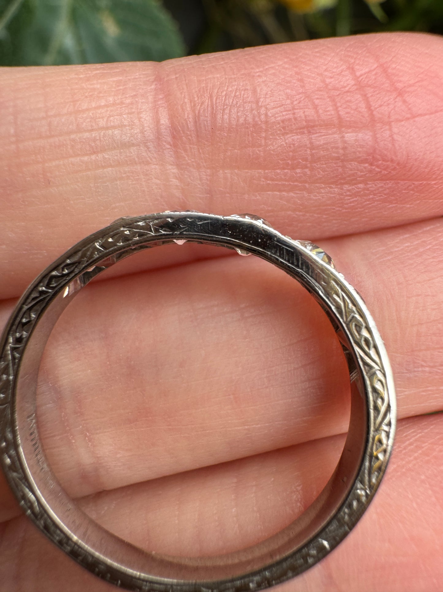 Vintage platinum 0.7ct TCW old mine cut diamond engraved half eternity ring