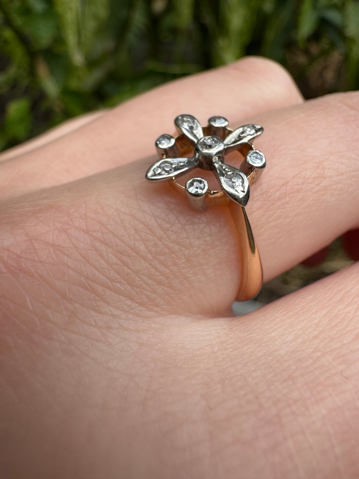 Antique 15ct yellow gold and platinum 0.14ct TCW old single cut diamond ring