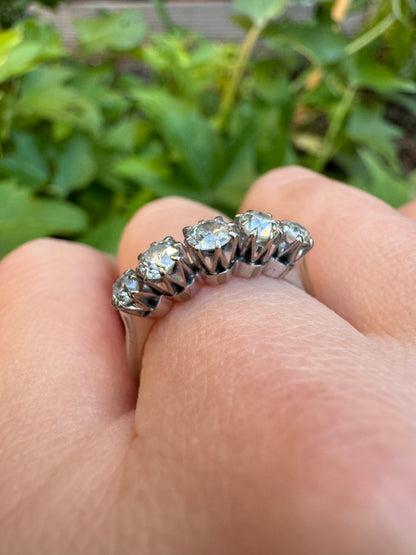 Vintage 18ct white gold 0.9ct TCW five stone old European cut diamond ring