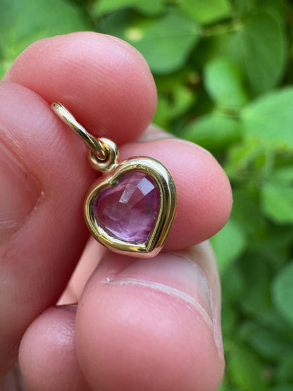 Custom 9ct yellow gold 0.77ct pink sapphire heart bezel set pendant
