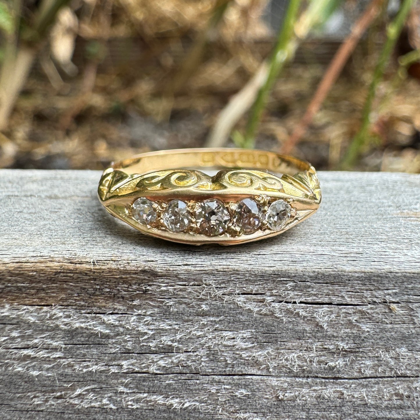 Antique English Edwardian 18ct yellow gold five stone 0.22ct TCW old mine cut diamond boat ring