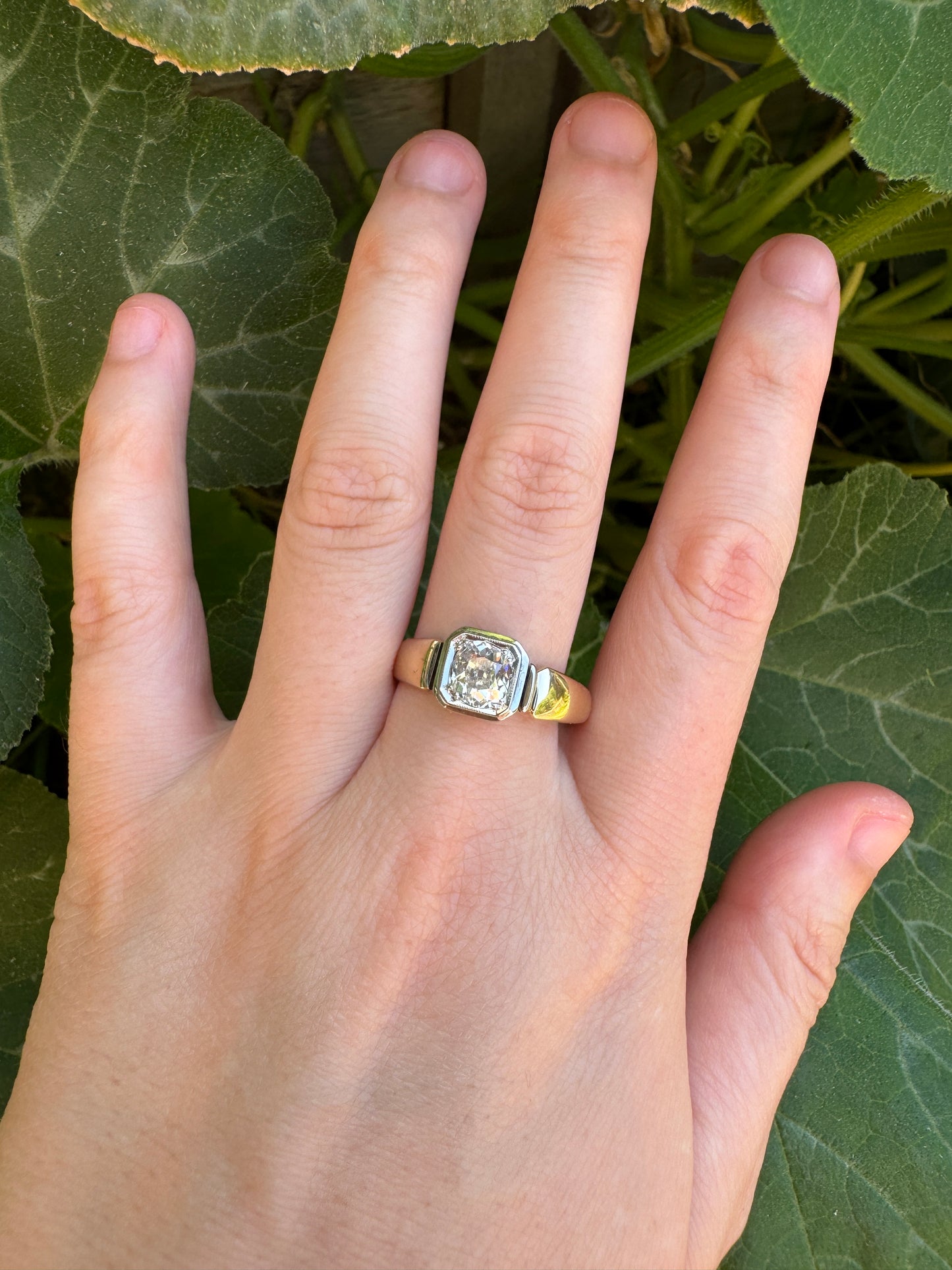 Vintage Mid Century English 9ct yellow and white gold 0.91ct old mine cut diamond signet ring