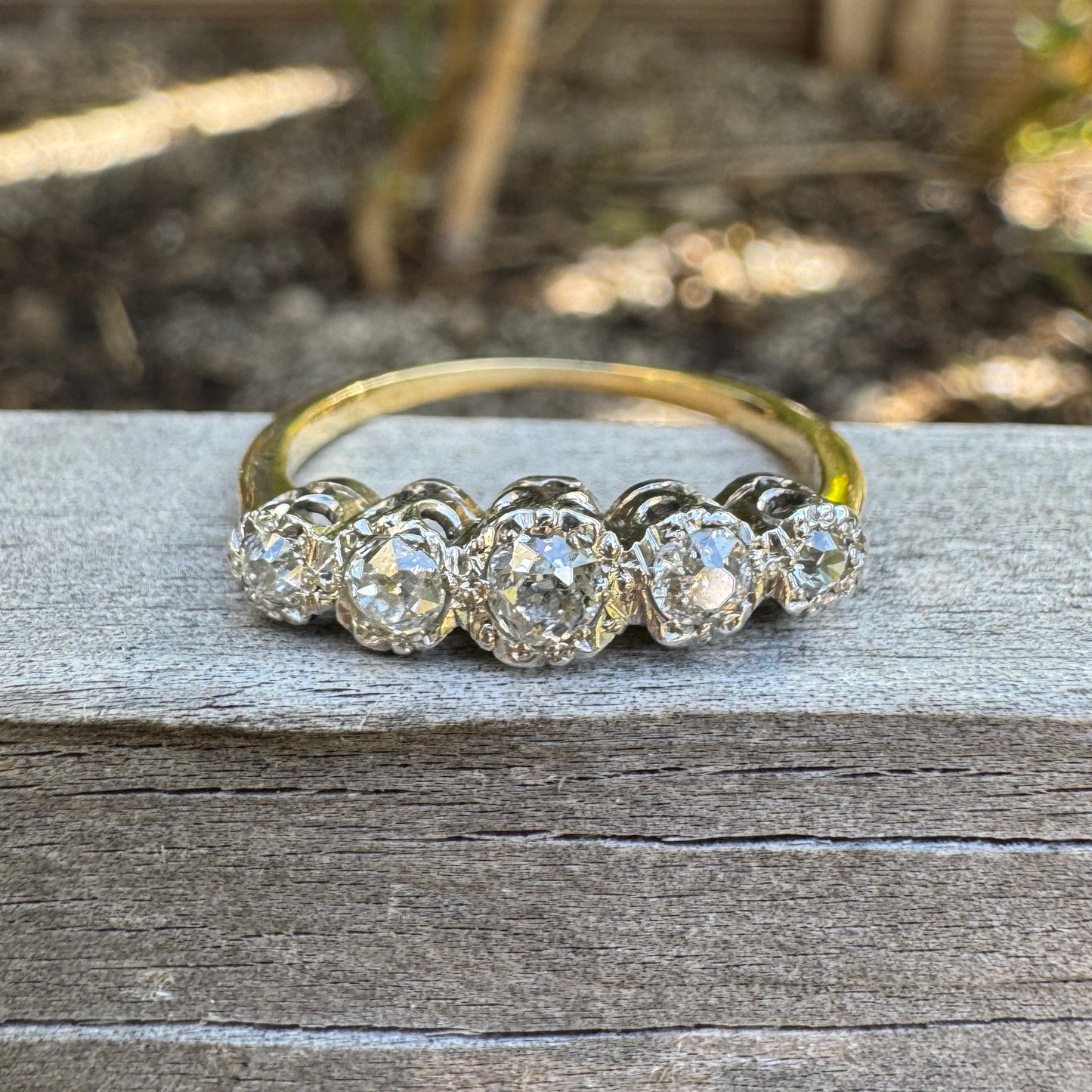 Antique 18ct yellow gold and platinum five stone 0.45ct TCW old mine cut diamond bezel set ring