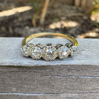 Antique 18ct yellow gold and platinum five stone 0.45ct TCW old mine cut diamond bezel set ring