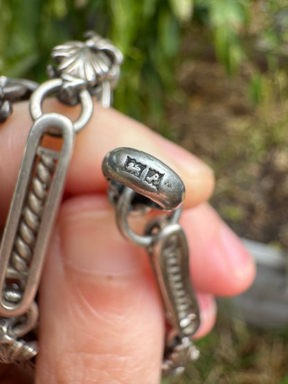 Vintage silver fancy acanthus and fetter fob chain with dog clip, 50cm / 19.69 inches long