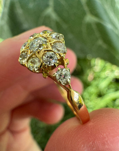 Antique 18ct yellow gold 0.55ct TCW old mine cut diamond starry cluster ring