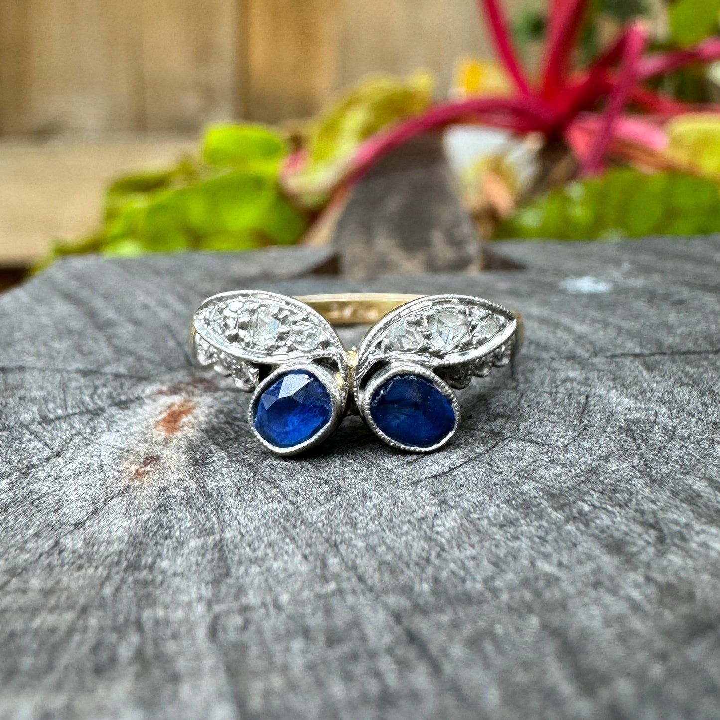 Vintage 18ct yellow gold and platinum natural sapphire and mixed old cut diamond 'berry' ring